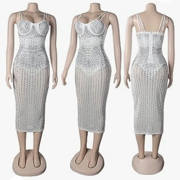 Fashion Mesh Rhinestones details midi Dress new size XXL, 3XL Strech Material. - Picture 3 of 9